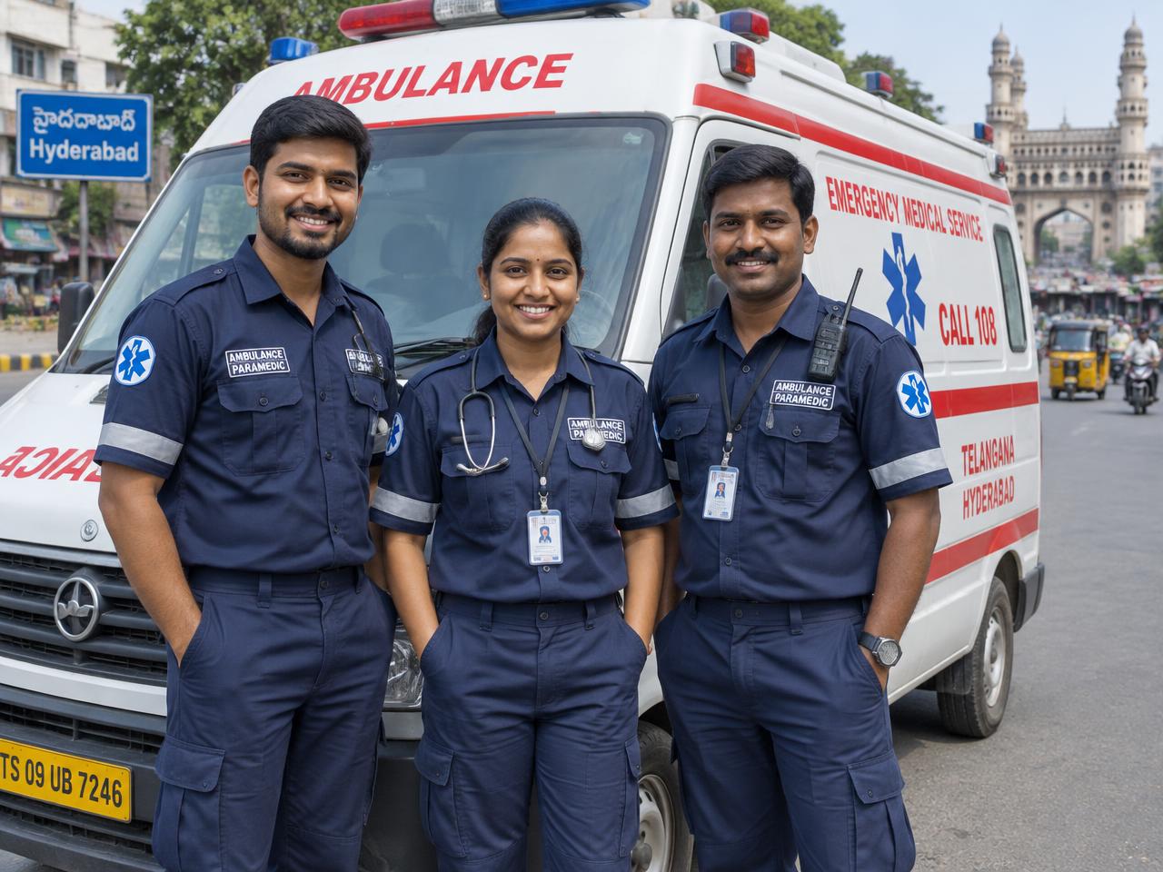 Three AG Ambulance paramedics standing in front of an ambulance